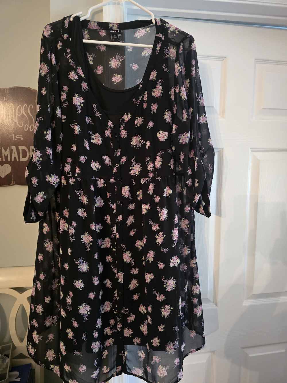 torrid Black Floral Button-Front Dress with Pink Lilac Flowers